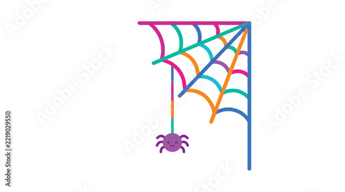 Colorful vector illustration featuring cute purple spider hanging from vibrant rainbow web graphic design element