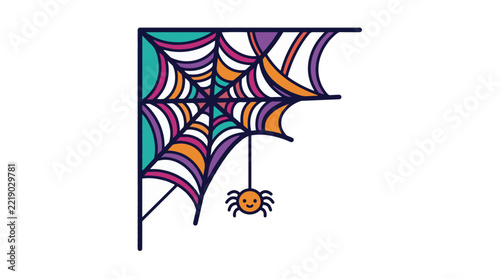 Colorful halloween spiderweb vector illustration featuring cute orange arachnid hanging in corner with bright festive holiday decorations