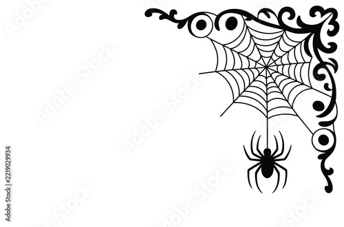 Decorative corner frame design element with a detailed spider web and a dangling spider silhouette isolated on white