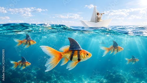 small golden fish cleverly disguised in a shark costume swimming in clear blue ocean water	