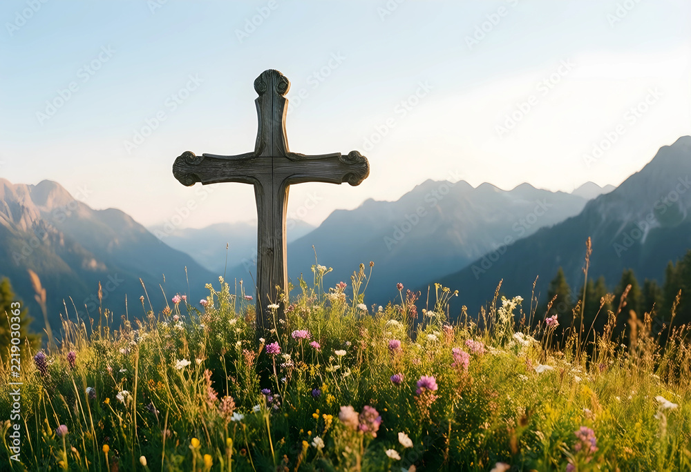 Naklejka premium Christianity and faith concept, wooden cross standing on a mountain meadow with wildflowers at sunrise for spiritual peace and religious hope in nature