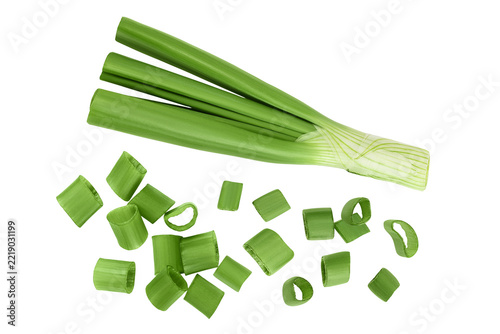 Green onion isolated on the white background. Top view. Flat lay.