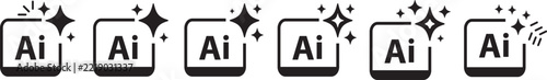 AI text and artificial intelligence logo icon set. Rounded square badge symbols, sparkle magic stars, software application emblems, and variations collection.