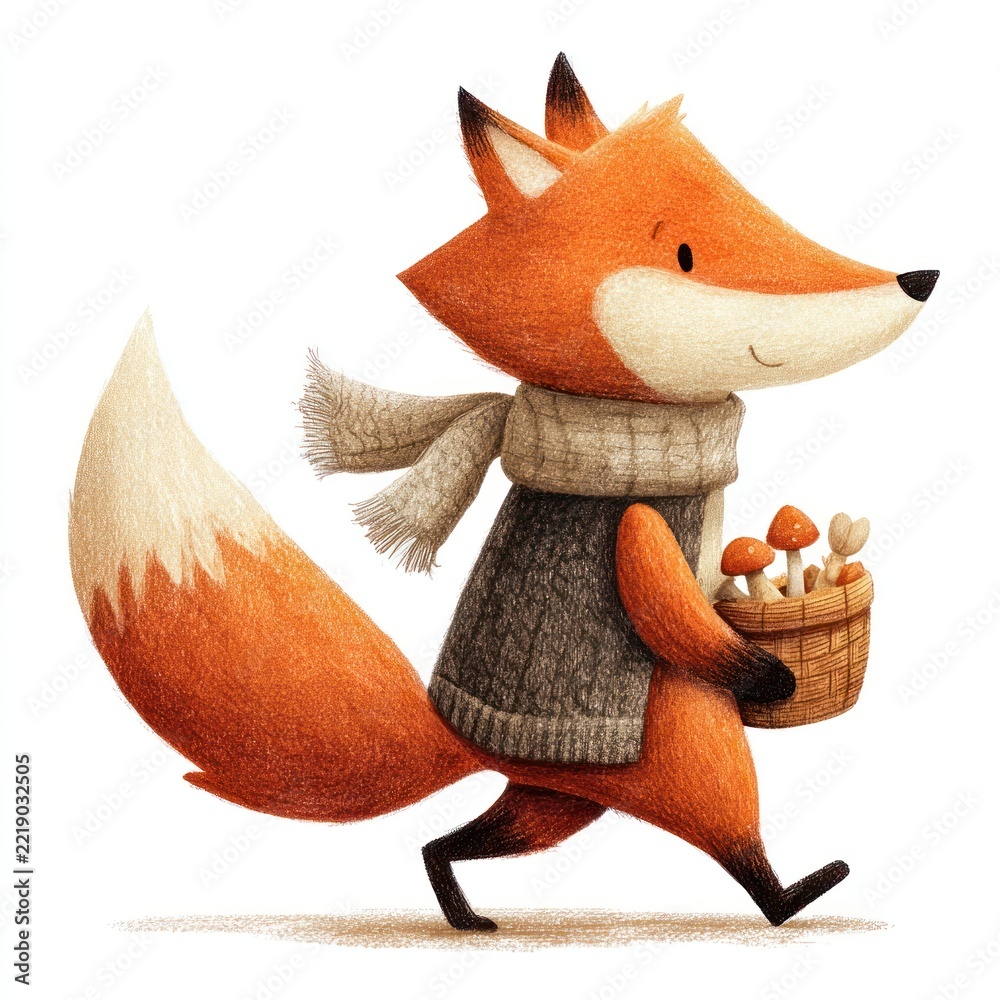 Fototapeta premium Cute fox carrying mushrooms in cozy autumn illustration