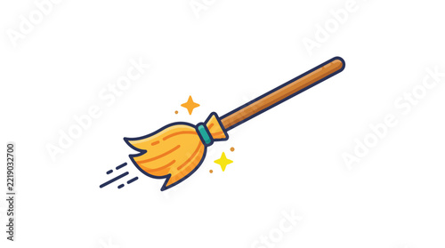 Colorful vector illustration of magic flying broomstick with glowing sparkles and motion lines for halloween celebration