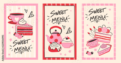 Cute pink dessert menu posters with cakes, cupcakes, tea and strawberries in a retro hand drawn style