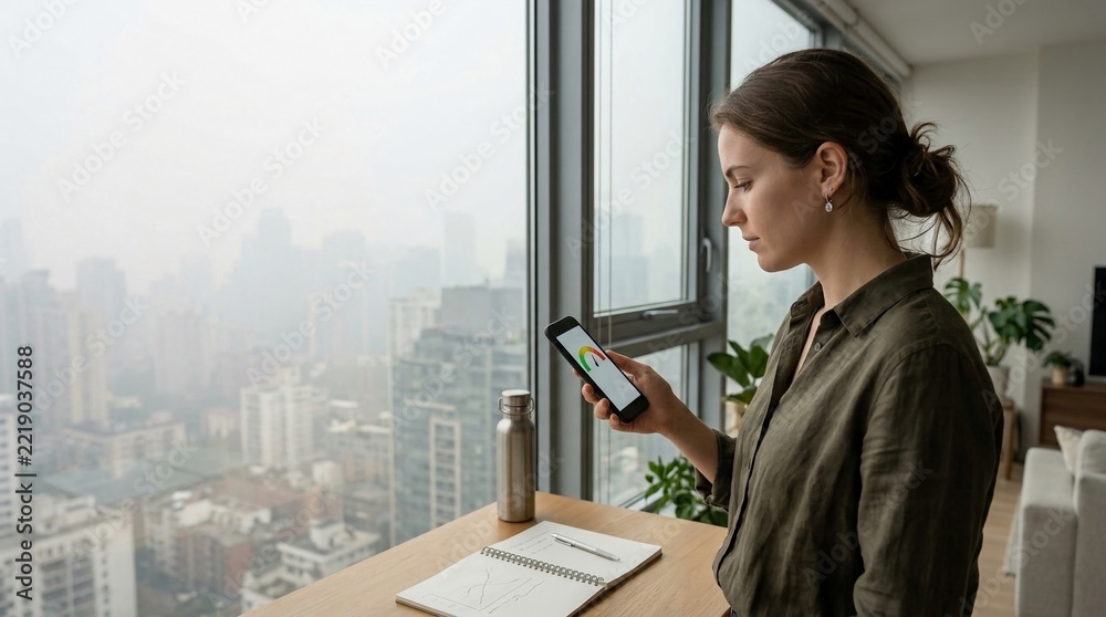 Fototapeta premium Young professional woman analyzing business data on smartphone near office window with cityscape view