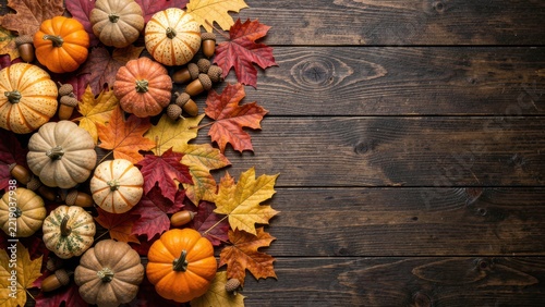elegant top view thanksgiving centerpiece with autumn leaves pumpkins gourds and acorns on rustic wood table for holiday design promotion