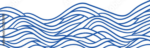 Blue wavy lines forming an abstract ocean pattern on a plain white background with waves across bottom