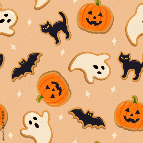 Halloween Cookie Pattern Vector Background with Ghosts and Pumpkins