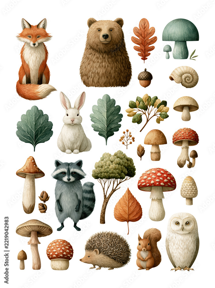Fototapeta premium Isolated woodland animal and mushroom collection on white background with clipping path, featuring fox, bear, rabbit and owl