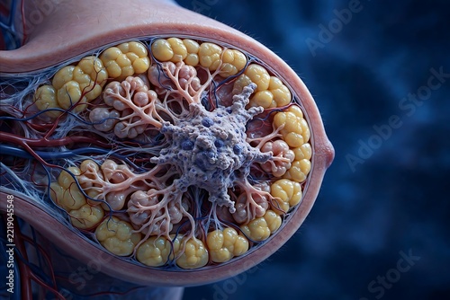 3d medical illustration of a breast tumor within glandular tissue