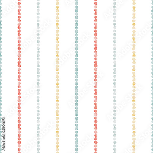 Seamless watercolor pattern. Dotted vertical stripes. Retro pastel beads decor.