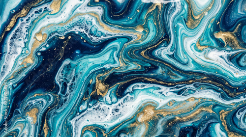 Abstract Teal Blue and Gold Marble Fluid Art Background