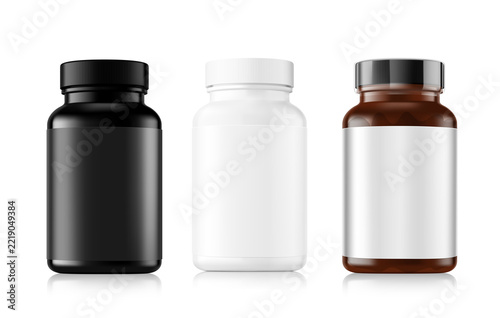 Brown, black and white pill bottles with label mockup with shadow. Illustration on transparent background for design, branding, presentation treats, vitamins, supplements.