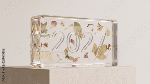 Year 2027 resin block paperweight containing dried pressed flowers and foliage. Transparent acrylic rectangle with engraved numerals on a pedestal. Minimalist decor object against a white wall