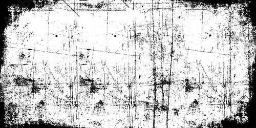 Black grunge overlay texture with scratched frame border and distressed film noise isolated on transparent background PNG