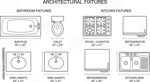 Architectural fixtures floor plan symbols, 8 kitchen and bathroom interior design icons, technical blueprint vector set