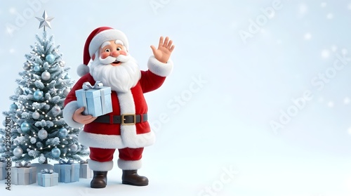 Santa Claus Waving Hand Near Blue Christmas Tree