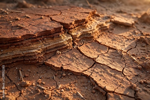 Closeup of cracked arid earth with layered soil strata