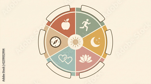 Wellness wheel infographic with icons for balanced daily habits