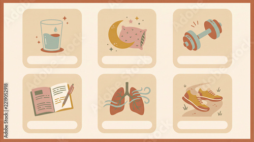 Pastel infographic illustrating six everyday healthy habits
