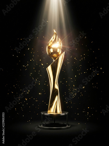A shiny golden award trophy standing on a pedestal under a dramatic spotlight.