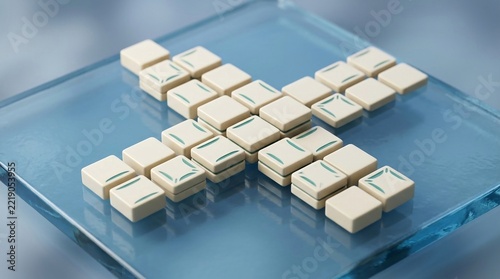 Mahjong tiles arranged in a cross pattern on a blue surface, showcasing a strategic board game setup.