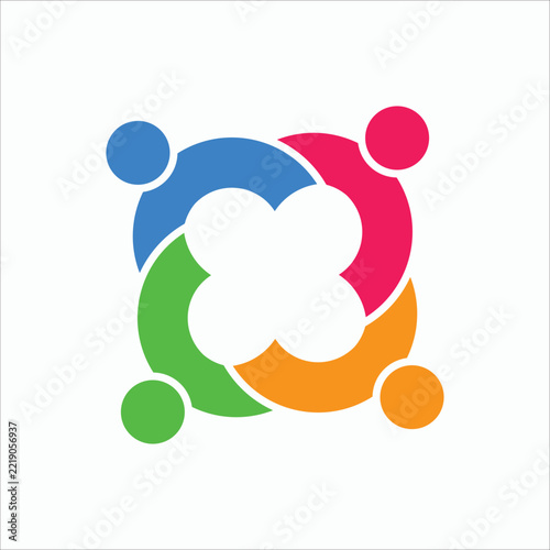 Abstract illustration of four connected figures in a pinwheel formation, ideal for flyers and advertisements, featuring ample copy space, perfect for teamwork, collaboration, and community themes