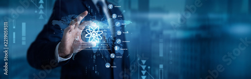 A researcher hand raised and fingers are touching a glowing Biotechnology digital network visualizing genetic DNA helix. Innovative medical life science laboratory .