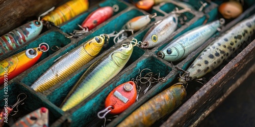 Open tackle box filled with various colorful fishing lures arranged in separate compartments. Generative by AI.