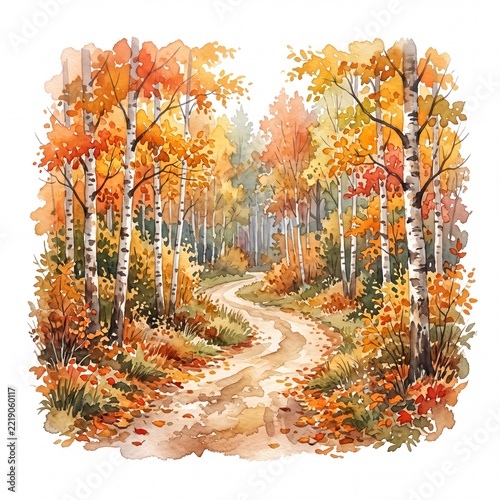 Winding Dirt Path through Autumn Birch Forest Watercolor Painting