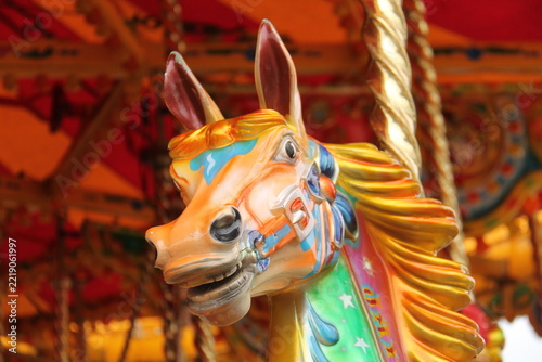 The Head of a Decorated Wooden Carousel Horse.