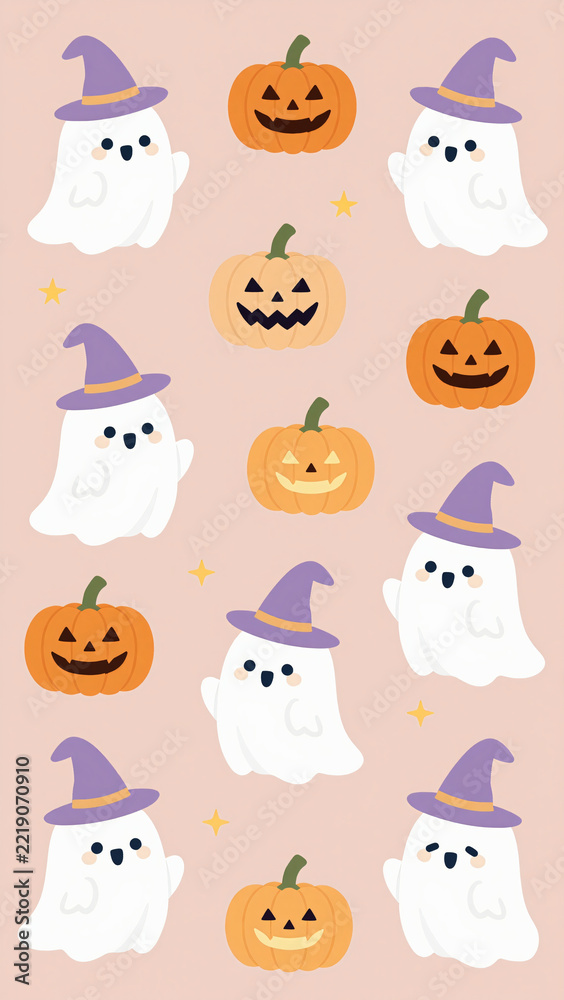 Obraz premium Cute Kawaii Halloween Mobile Wallpaper with Little Ghosts