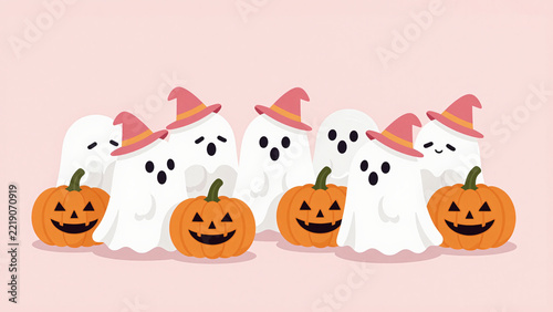Friendly Pastel Halloween Ghosts and Smiling Pumpkins Illustration