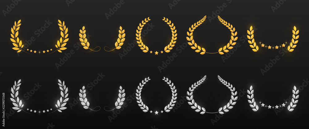 Fototapeta premium Elegant gold and silver laurel wreath collection. Realistic awards emblem illustrations with stars and glowing decorative details on dark background for winners and champions. Vector frames set.