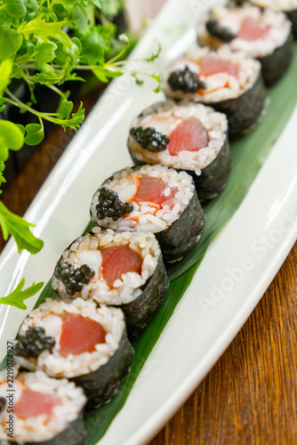 Fresh maki sushi rolls with tuna