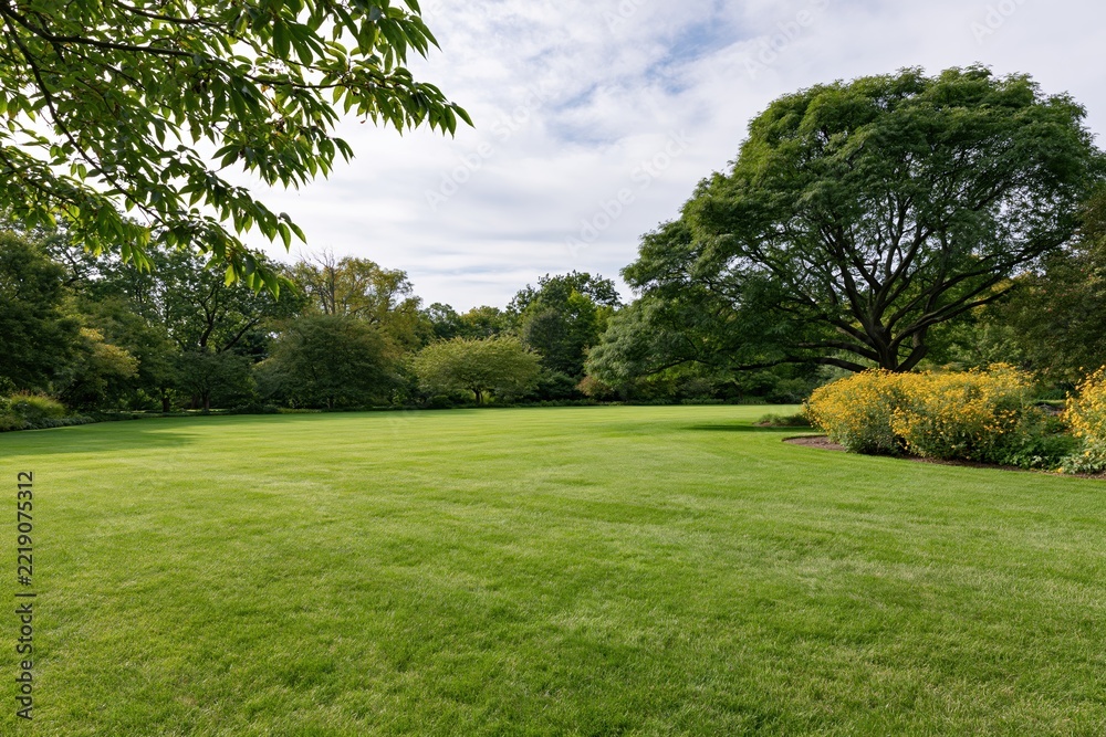 Fototapeta premium The Expansive Park Lawn Surrounded by Lush Trees, Bright Flowers, and Open Sky