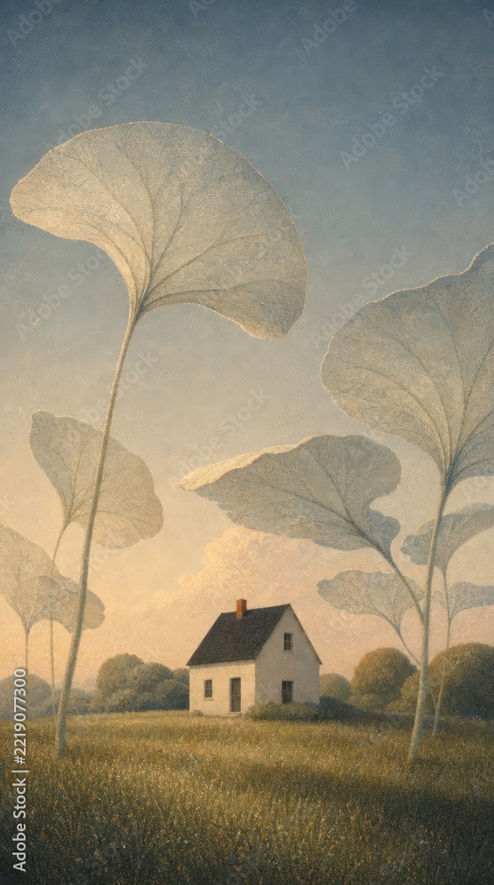 Fototapeta premium Dreamlike rural wallpaper with giant leaves and a small house for mobile phone