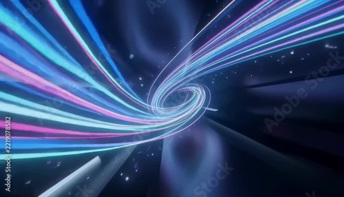 Dynamic abstract light trails moving through dark space for