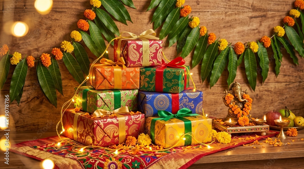Fototapeta premium Festive Pancha Ganapati display with colorful gift boxes, glowing fairy lights, and mango leaf toran decorations representing Hindu religious celebration.