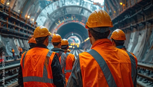 Construction crew in hard hats and safety vests inspecting a large tunnel under construction with railway tracks.