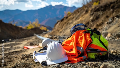 Construction safety gear and plans on a rocky site with mountains in the background.