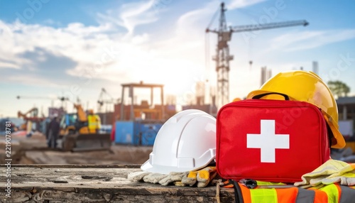 Construction Safety Gear and First Aid Kit on Site with Cranes and Machinery in Background, Dusk