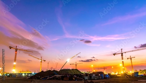Construction cranes silhouette against a vibrant sunset sky with dramatic clouds, long exposure, industrial landscape at dusk.