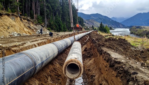 Construction of large diameter pipeline through mountainous terrain with river and forest backdrop.
