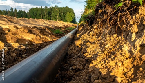 Construction of a new pipeline laid in a trench with excavated soil and exposed roots, against a backdrop of trees and sky.