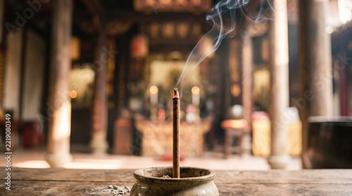 Sacred Incense Smoke Rising in Asian Temple