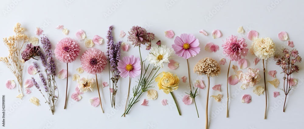 Fototapeta premium Assorted dried and fresh flowers arranged in a loose horizontal line on white background