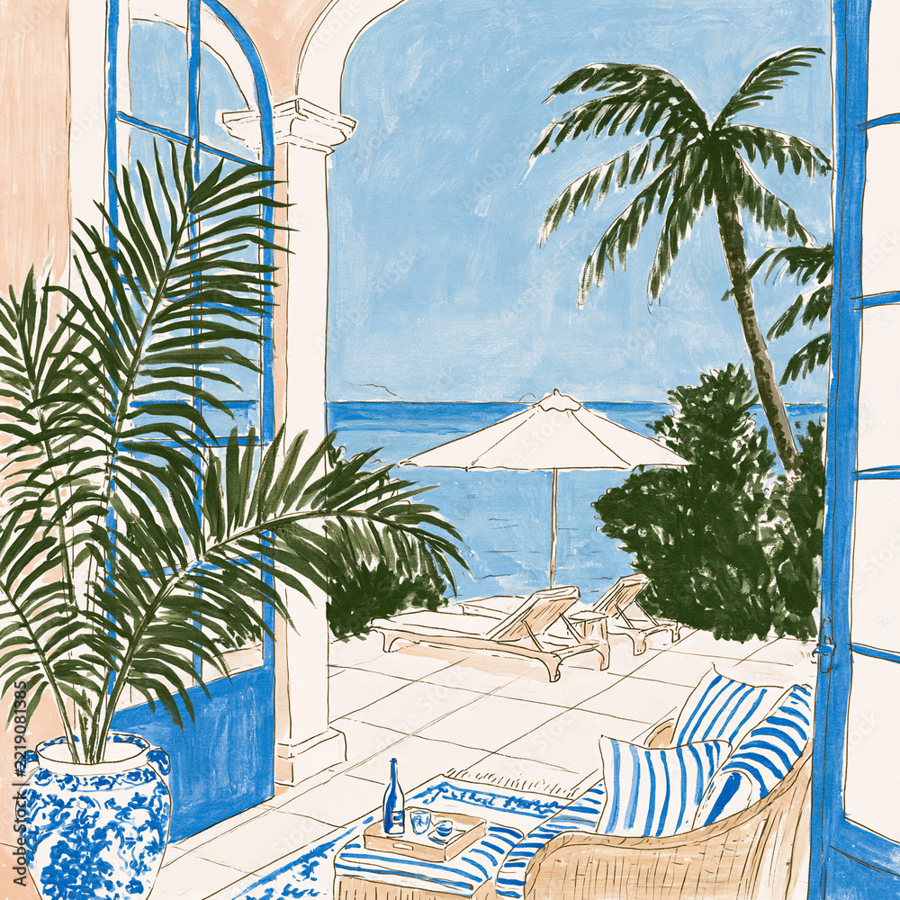 Fototapeta premium Resort balcony patio overlooking the sparkling blue ocean with sun loungers, an umbrella, and a palm tree, creating a relaxing holiday scene